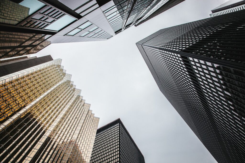 low-angle photography of high-rise buildings